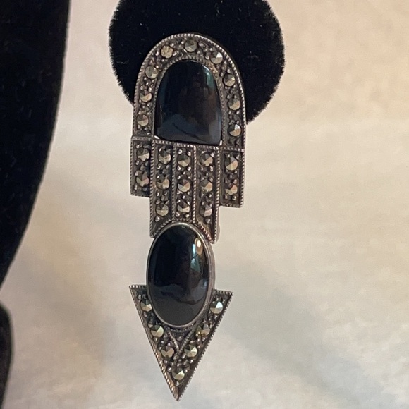 VTG Art Deco onyx and marcasite sterling articulated earrings pierced 2” - Picture 3 of 11